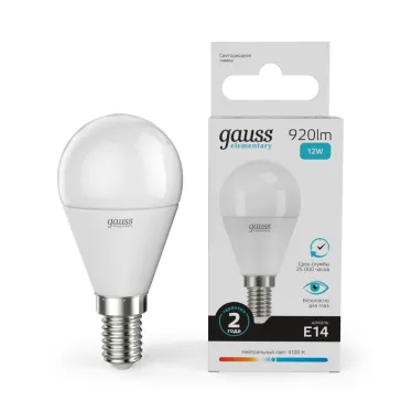 Лампа светодиодная LED 12 Вт 920 лм 4100К шар P45 нейтральный E14 AC 220В Elementary Gauss
