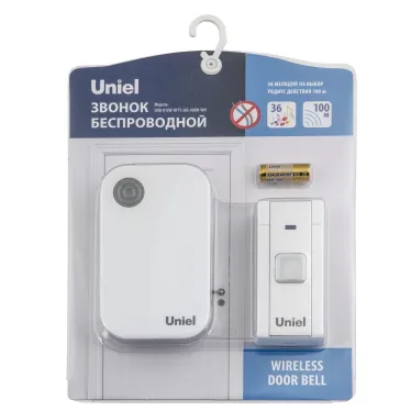 Звонок беспроводной 36 мелодий Радиус действия 100м Блистер Белый ТМ Uniel UDB-013W-R1T1-36S-100M-WH