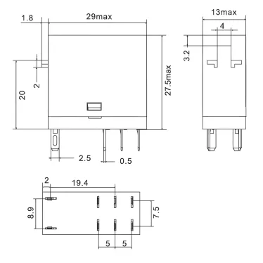 Реле миниатюрное промышленное, 2CO, ком. ток 8А, AgSnO?, напряжение 12V DC, опция: светодиод