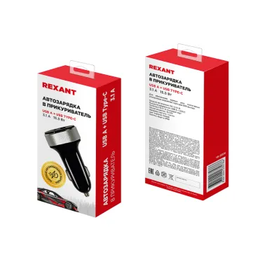 Автозарядка в прикуриватель АЗУ USB-A+USB-C, 3.1 A черная, REXANT