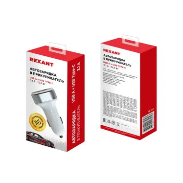 Автозарядка в прикуриватель АЗУ USB-A+USB-C, 3.1 A белая, REXANT