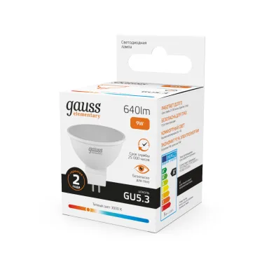 Лампа светодиодная LED 9 Вт 640 лм 3000К софит MR16 теплый GU5.3 AC 220В Elementary Gauss