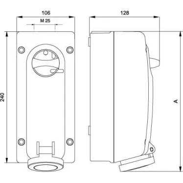 Розетка наружной установки IP44 16А 2P+E 230В с механической блокировкой и боковым расположением разъема
