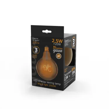 Лампа светодиодная филаментная LED 2.5 Вт 200 лм 2000К AC185-265В E27 шар G125 теплая золотистая колба Black Filament