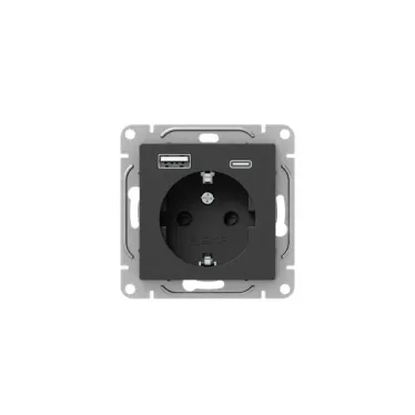 Механизм розетки с USB-A+С - 2шт, 16А, с заземлением, со шторками, чёрный Эпика EKF