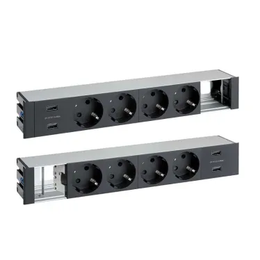 Двухсторонний врезной x12 розеточный блок, планка, 8x2P+E, 4xUSB з/у, 2 пустых модуля, черный, S400 | 47624000-138 | Simon
