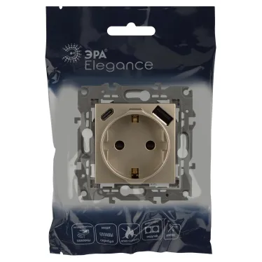 Розетка Elegance 14-4108-04 со шторками, 2P+E 16A-250В, с USB type-A+C 5В-3А, шампань