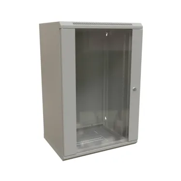 Шкаф настенный 19-дюймовый 19'' 18U 908x600х600мм стеклянная дверь с перфорацией ручка с замком серый RAL 7035 WRline''