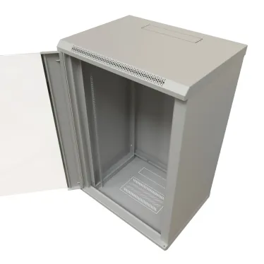 Шкаф настенный 19-дюймовый 19'' 18U 908x600х600мм стеклянная дверь с перфорацией ручка с замком серый RAL 7035 WRline''