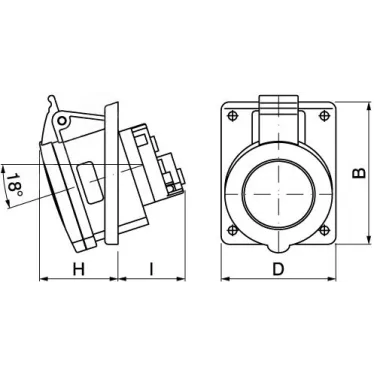 Розетка скрытой установки с наклоном IP44 16А 3P+E+N 400В. Пружинный зажим.