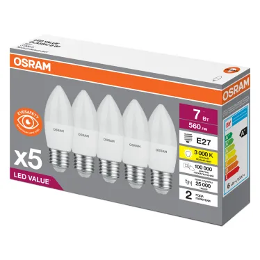 Лампа светодиодная LED 7 Вт E27 3000К 560Лм свеча 220 В (замена 60Вт) OSRAM