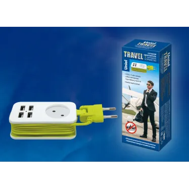 Удлинитель серии Travel шнур 1,5м 1 гнездо 10А без заземления 4USB 2,1A Белый с салатовым ТМ Uniel S-CT1-1,5U WHITE/GREEN