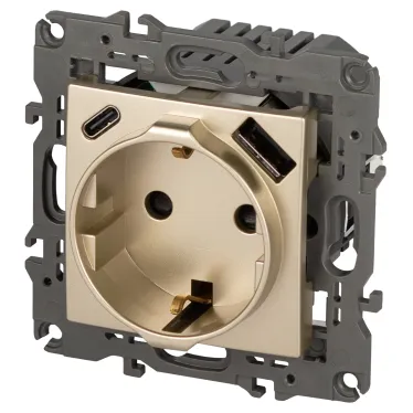 Розетка Elegance 14-4108-04 со шторками, 2P+E 16A-250В, с USB type-A+C 5В-3А, шампань