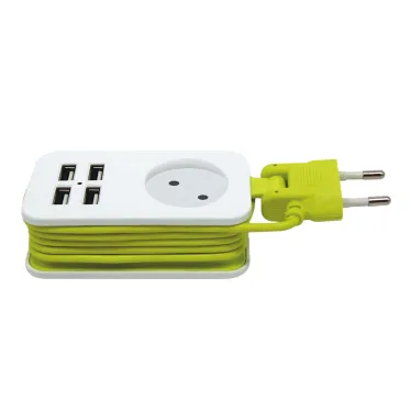 Удлинитель серии Travel шнур 1,5м 1 гнездо 10А без заземления 4USB 2,1A Белый с салатовым ТМ Uniel S-CT1-1,5U WHITE/GREEN
