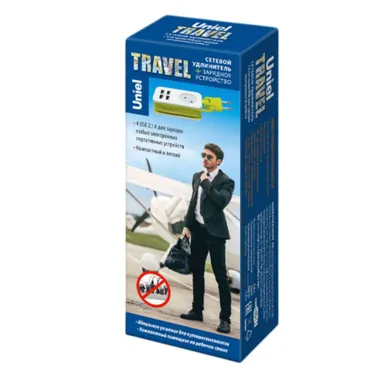 Удлинитель серии Travel шнур 1,5м 1 гнездо 10А без заземления 4USB 2,1A Белый с салатовым ТМ Uniel S-CT1-1,5U WHITE/GREEN