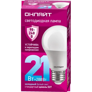 Лампа светодиодная 21вт OLL-A60-21-230-6.5K-E27 PRO 90-240В ОНЛАЙТ