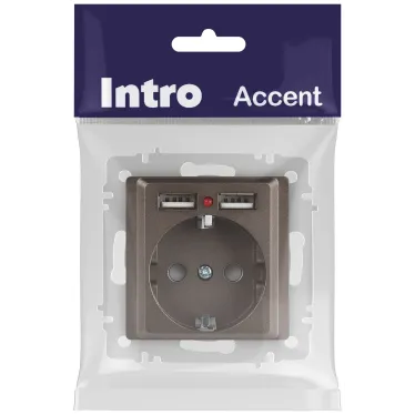 Розетка Intro Accent 6-410-08 , P+E Schuko со шторками, 16А-250В + 2хUSB, IP20, СУ, бронза