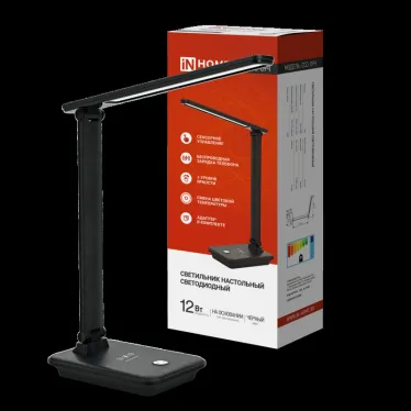 Светильник настольный светодиодный PLUS ССО-09Ч 12Вт 600Лм сенсор, с беспроводной зарядкой для телефона, адаптер ЧЕРНЫЙ IN HOME