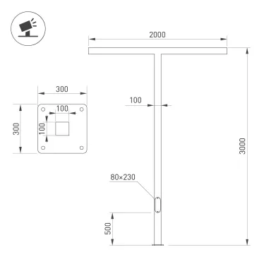 Опора освещения со светильником светодиодным OXOR-STER-T-2000x100x100-L3000-100W Warm3000 (BK, 230V) IP65 (ARL, Сталь)