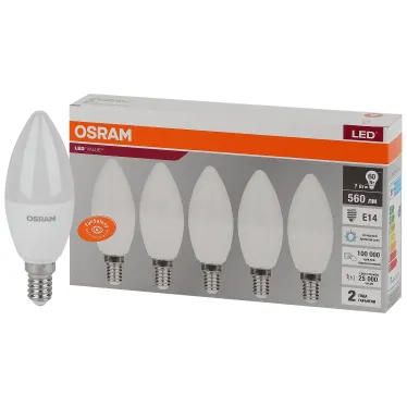 Лампа светодиодная LED 7 Вт E14 6500К 560Лм свеча 220 В (замена 60Вт) OSRAM упак 5 шт