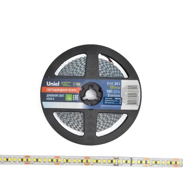 Гибкая светодиодная лента на самоклеящейся основе. ULS-2835-180LED/m-10mm-IP20-DC24V-17W/m-5M-6500K Катушка 5м. в герметичной упаковке. Дневной свет (6500K). ТМ Uniel