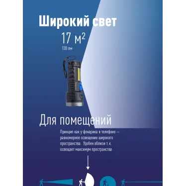 Фонарь ручной аккумуляторный 3Вт LED+3ВтCOB/Li-ion 18650 1200mAh/ABS-пл/индикатор/USB-шнур, КОСМОС