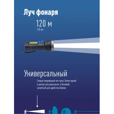 Фонарь ручной аккумуляторный 3Вт LED+3ВтCOB/Li-ion 18650 1200mAh/ABS-пл/индикатор/USB-шнур, КОСМОС