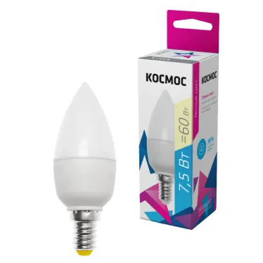 Лампа светодиодная LED 7.5Вт Свеча 220В Е14 D37х100 3000К теплый 600 лм