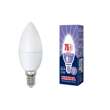 Лампа светодиодная LED-C37-9W/DW/E14/FR/NR Форма свеча, матовая. Серия Norma. Дневной белый свет (6500K). Картон. ТМ Volpe