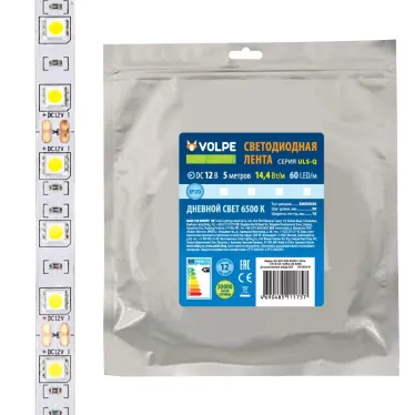 Лента светодиодная холодный белый свет 6500K ULS-Q221 5050-60LED/m-10mm-IP20-DC12V-14,4W/m-5M-6500K | UL-00004352 | Volpe