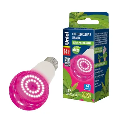 Лампа светодиодная фито для растений "груша" прозр. спектр для рассады и цветения LED-A60-14W/SPSB/E27/CL PLP30WH | UL-00006260 | Uniel