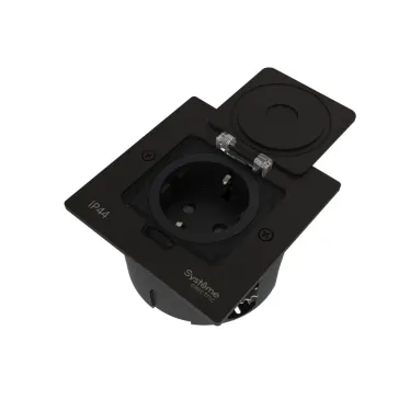 MultiDesk Лючок с розеткой 2К+З, 16А/250В, IP44 с монтажной коробкой для стены, фальшпола, стола Чёрный матовый, тип MDK21