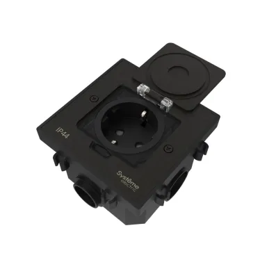 MultiDesk Лючок с розеткой 2К+З, 16А/250В, IP44 с монтажной коробкой для бетонных полов Чёрный матовый, тип MDK21