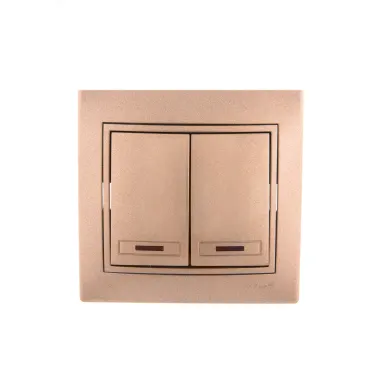 Мира Выключатель двойной с подсветкой светло-коричневый металлик