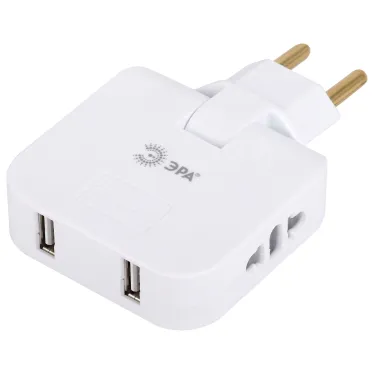 Тройник электрический поворотный на 2 розетки + 2USB 10А белый SPF-2-FL-USB
