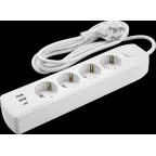 Удлинитель бытовой OPE-USB-04-300-ESC-3x1 с заземлением с выключателем 4 розетки 3м ПВС 3х1 2500Вт 2USB-A+USB-C, 2,4А