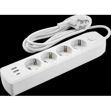 Удлинитель бытовой OPE-USB-04-300-ESC-3x1 с заземлением с выключателем 4 розетки 3м ПВС 3х1 2500Вт 2USB-A+USB-C, 2,4А
