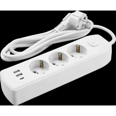 Удлинитель бытовой OPE-USB-03-300-ESC-3x1 с заземлением с выключателем 3 розетки 3м ПВС 3х1 2500Вт 2USB-A+USB-C, 2,4А