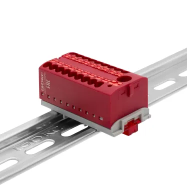 Блок распределительный с верт. адаптером на рейки шириной 15/35мм, зажим push-in, 1 ввод 6 кв.мм, 18 точек подключения 2,5 кв.мм, красный