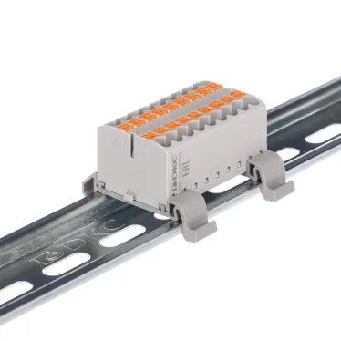 Блок распределительный с гориз. адаптером на рейку шириной 35мм, зажим push-in, 18 точек подключения 2,5 кв.мм, серый