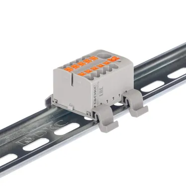 Блок распределительный с гориз. адаптером на рейку шириной 35мм, зажим push-in, 1 ввод 6 кв.мм, 10 точек подключения 2,5 кв.мм, серый