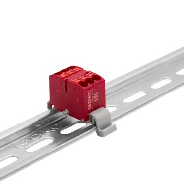 Блок распределительный с гориз. адаптером на рейку шириной 35мм, зажим push-in, 6 точек подключения 2,5 кв.мм, красный