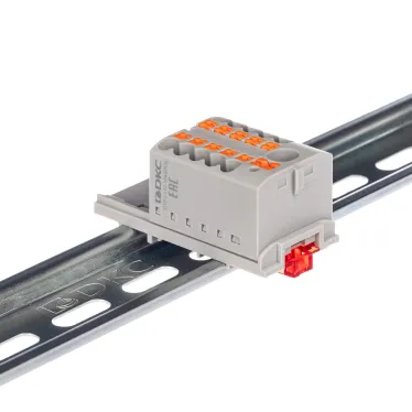 Блок распределительный с верт. адаптером на рейки шириной 15/35мм, зажим push-in, 1 ввод 6 кв.мм, 10 точек подключения 2,5 кв.мм, серый