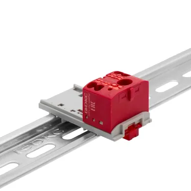 Блок распределительный с верт. адаптером на рейки шириной 15/35мм, зажим push-in, 1 ввод 6 кв.мм, 4 точки подключения 2,5 кв.мм, красный
