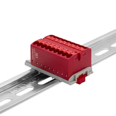 Блок распределительный с верт. адаптером на рейки шириной 15/35мм, зажим push-in, 18 точек подключения 2,5 кв.мм, красный