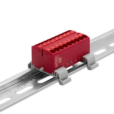 Блок распределительный с гориз. адаптером на рейку шириной 35мм, зажим push-in, 18 точек подключения 2,5 кв.мм, красный