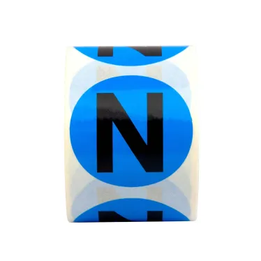 Маркировка электрических шин. Диаметр 40мм, круг. Цвет - голубой, символ - "N" черного цвета. Упа ковка - 500 шт.