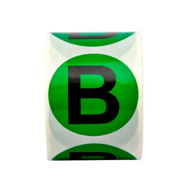 Маркировка электрических шин.Диаметр 20мм, круг. Цвет - зеленый, символ - "В" черного цвета. Упак овка - 500 шт.