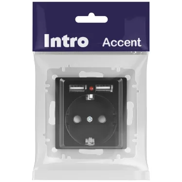 Розетка Intro Accent 6-410-05 , P+E Schuko со шторками, 16А-250В + 2хUSB, IP20, СУ, антрацит