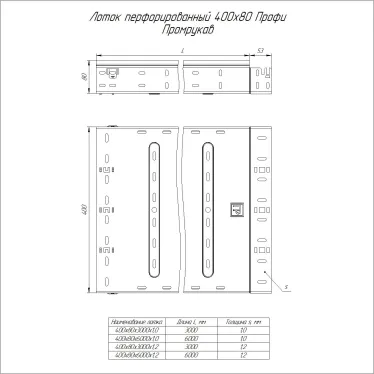 Лоток перфорированный Профи INOX (AISI 304) 400х80x6000 (1,0 мм) (12 м/уп)